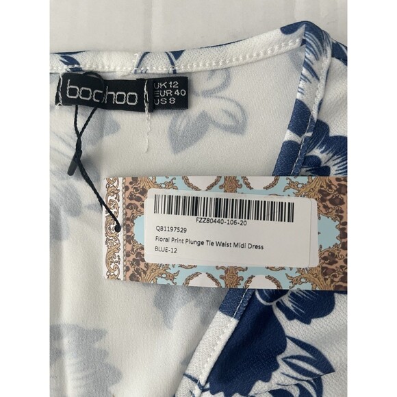 NWT boohoo Blue Floral Print Tie Waist Midi Dress Cocktail Party Wedding Event 8 - Picture 6 of 13
